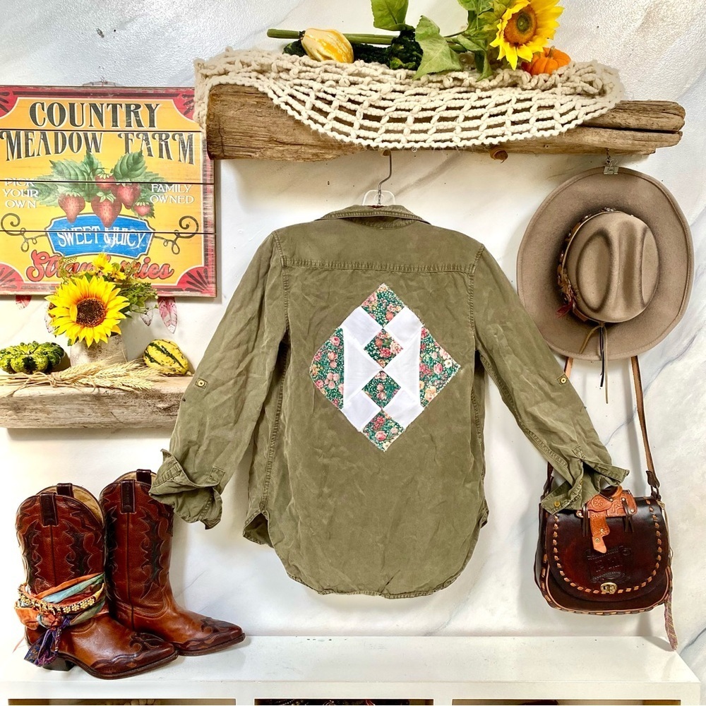 UPCYCLED Babaton safari vibe shirt/cover up w cabin cottage country vibe - Picture 2 of 13